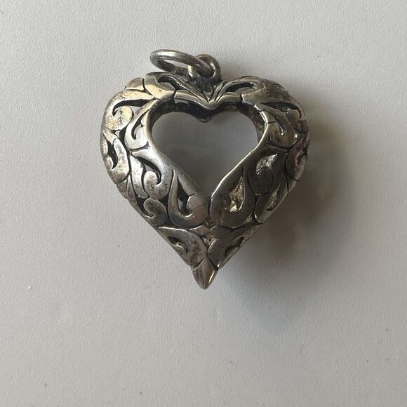 Vintage Sterling Silver 925 Ornate Puffy Heart Pendant Open Romantic ByJezlaine - Picture 8 of 9